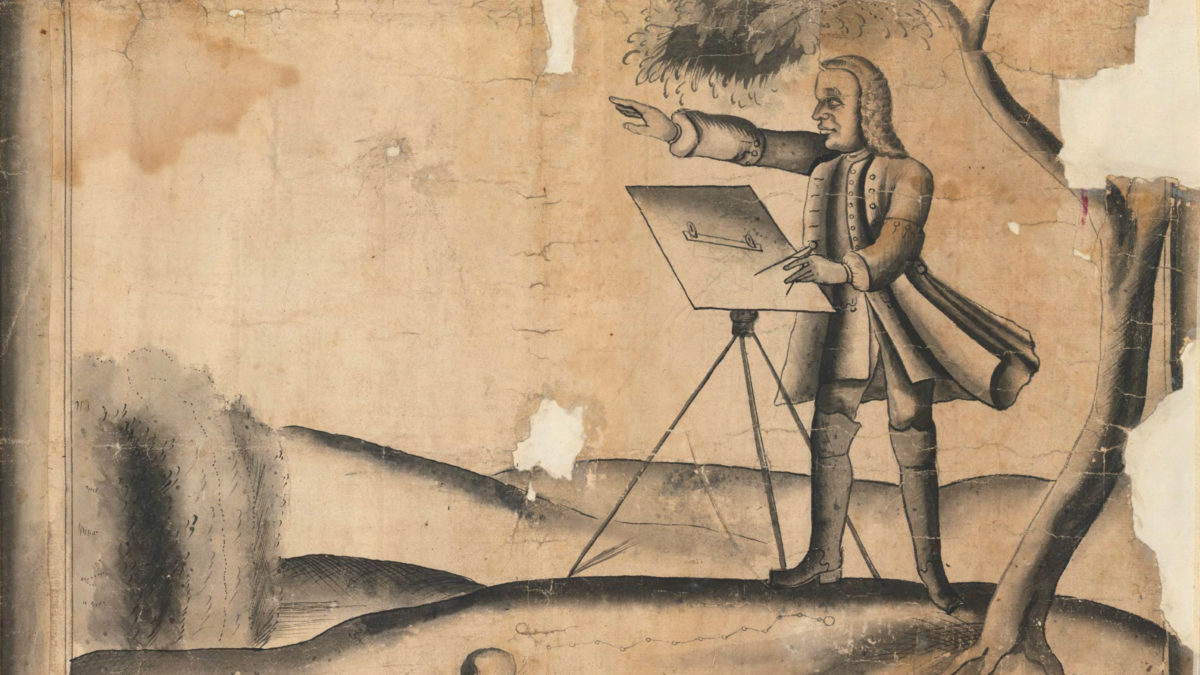 Detailjbild på kartan med illustration på en kartskapare.