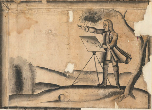 Detailjbild på kartan med illustration på en kartskapare.