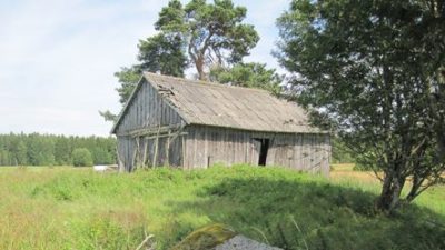 En förfallen lada. Den står på en grön äng där det växer enstaka träd och buskar.