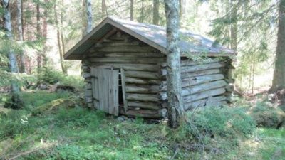 En liten timmerstuga inne i skogen. Runt timmerstugan står det träd.