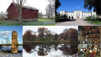 Kollagebild av naturbilder, sjöar, runsten, kyrka, stor vit byggnad och ett rött gammalt torp.