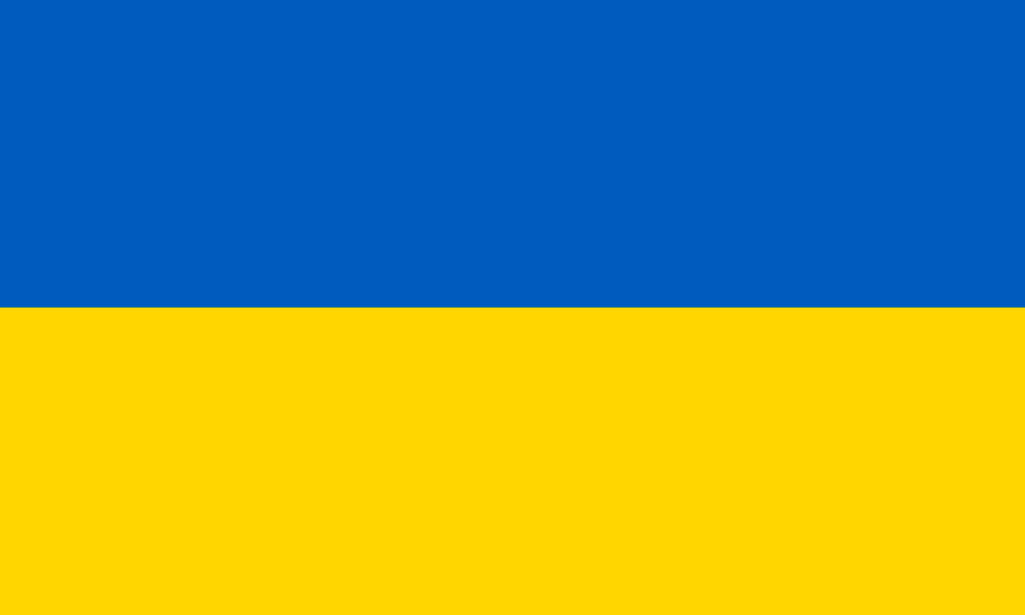 Ukrainas flagga med horisontella fält. Det blå överst och det gula underst.