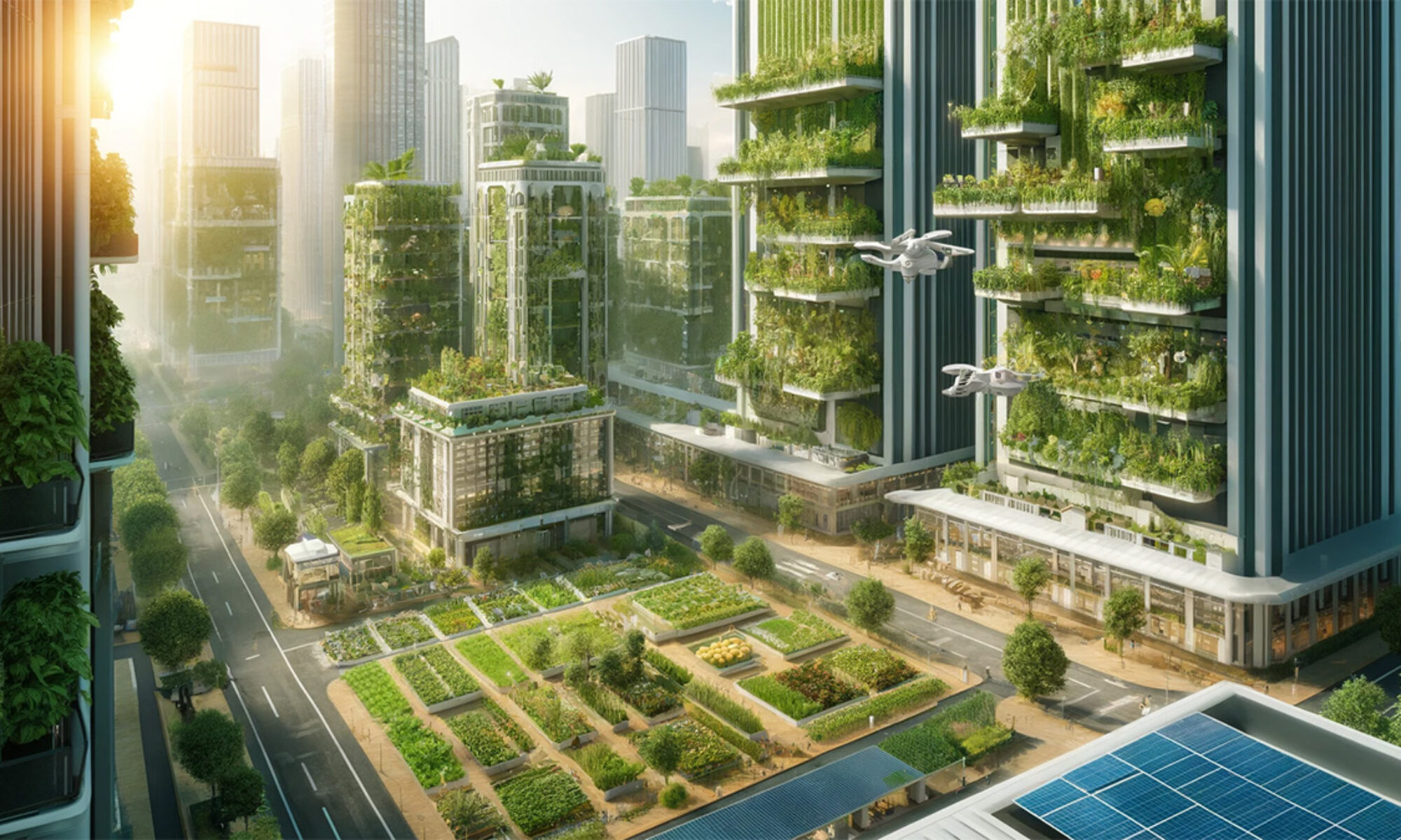 Futuristisk bild av växtlighet som finns på alla delar av byggnaderna i en stad.