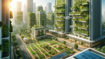 Futuristisk bild av växtlighet som finns på alla delar av byggnaderna i en stad.