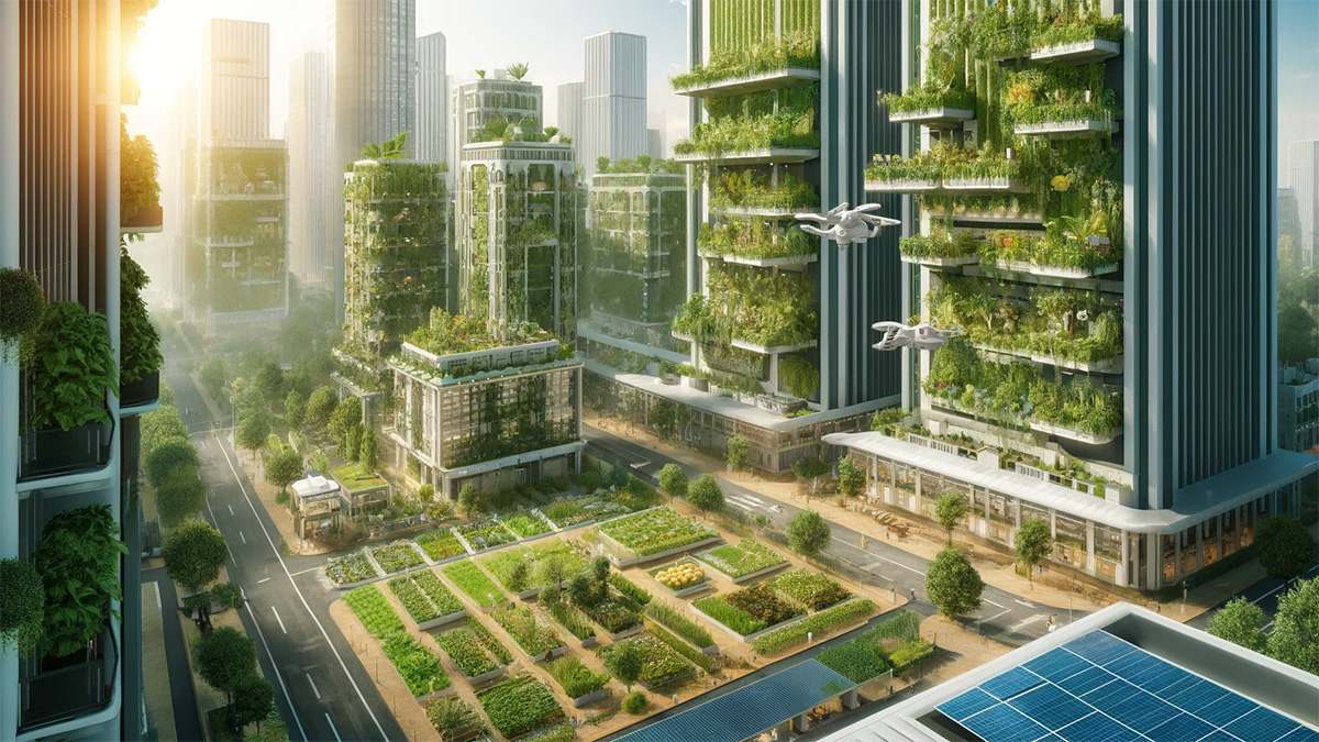Futuristisk bild av växtlighet som finns på alla delar av byggnaderna i en stad.